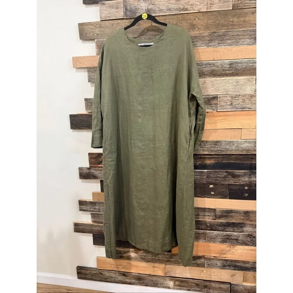 Linen Life green dress oversized boho lagenlook relaxed fit one size
